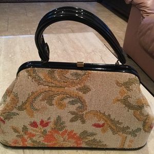 vintage carpet hardshell top handle handbag 1950's
